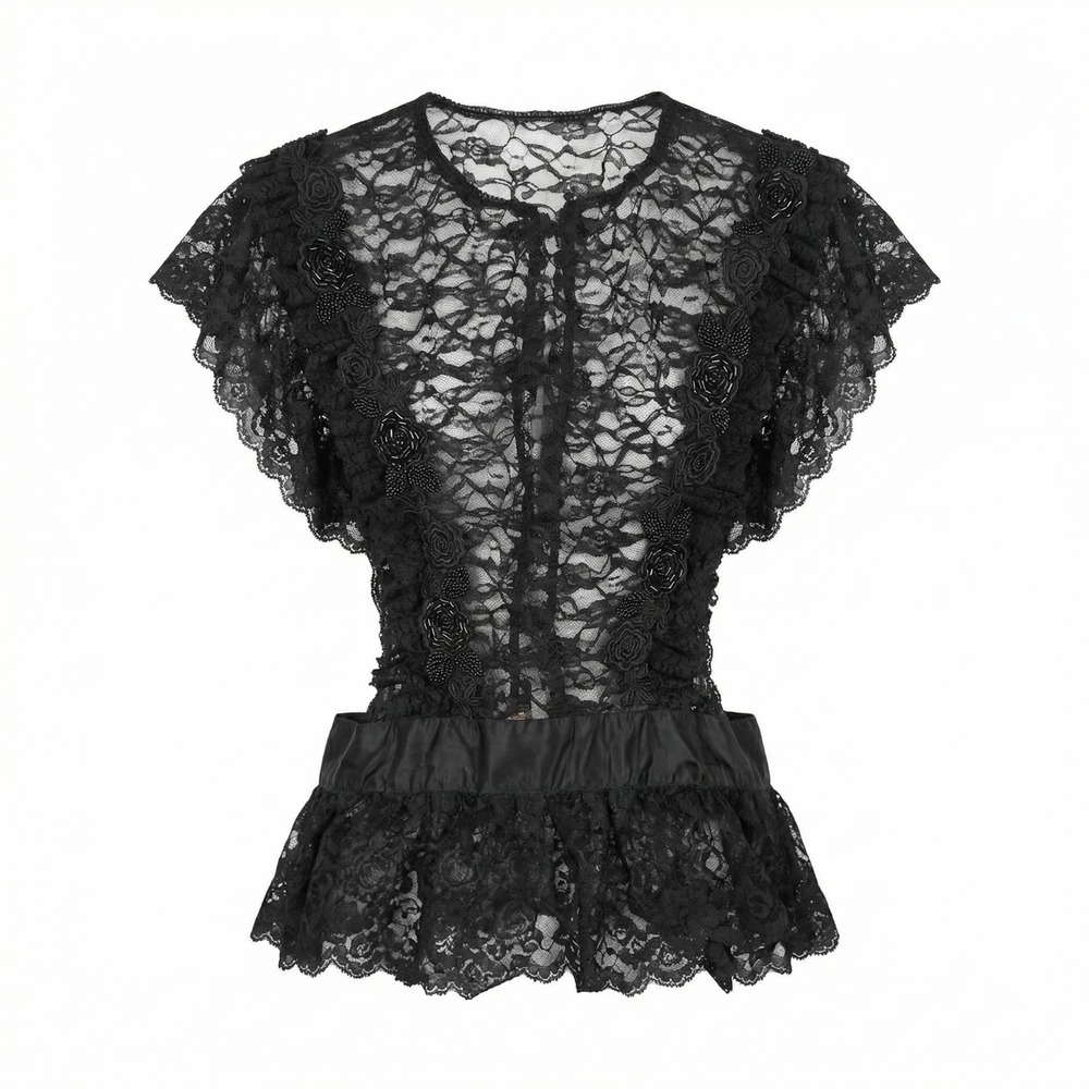 Recollections Lace Corset Black Victorian Ruffles Flowers‎ Edwardian Gothic sz M